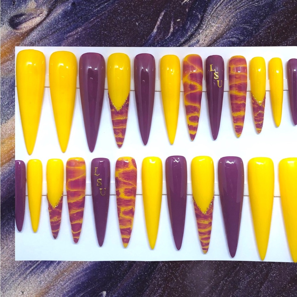 Handmade Custom Press on Nails 3XLong Coffin Shape LSU False Nails Purple & Gold